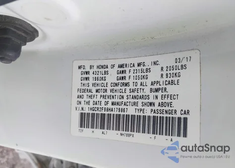 2017 Honda Accord Ex-L из США, поврежденный, VIN 1HGCR2F98HA179867